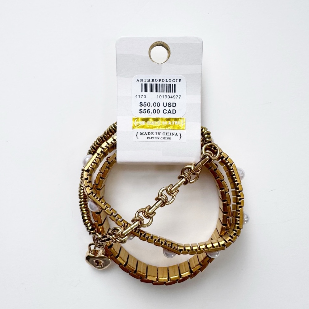 Anthropologie Mixed Beaded Stretch Bracelets Set of 3 in Gold/Pearl | NWT - Picture 3 of 6